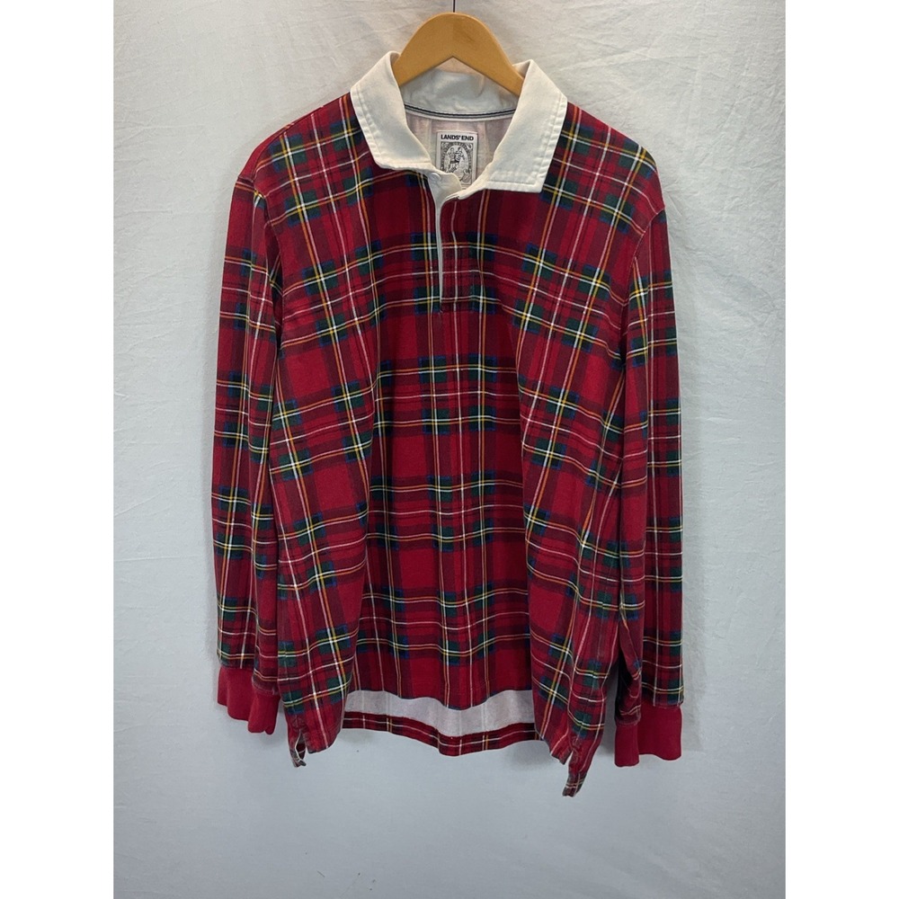 Lands' End Rugby Shirt Mens XL Red Tartan Plaid Lng Sleeve Cotton Pullover Heavy